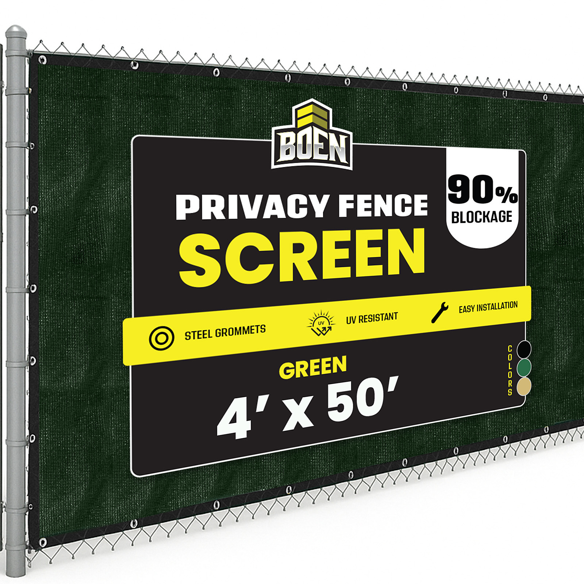 Boen Green Privacy Screen Fence, 4 ft x 50 ft, Netting Mesh Fabric Windscreen with Reinforced Steel Grommets for Garden Fence Or Any Outdoor Metal or Wooden Fencing